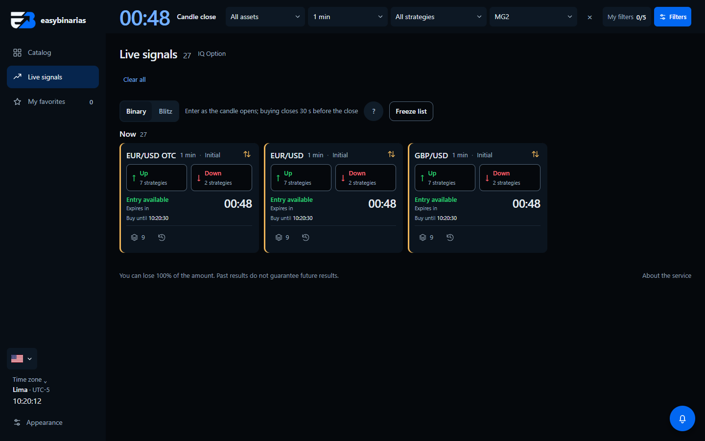 EasyBinarias live signals with direction and countdown